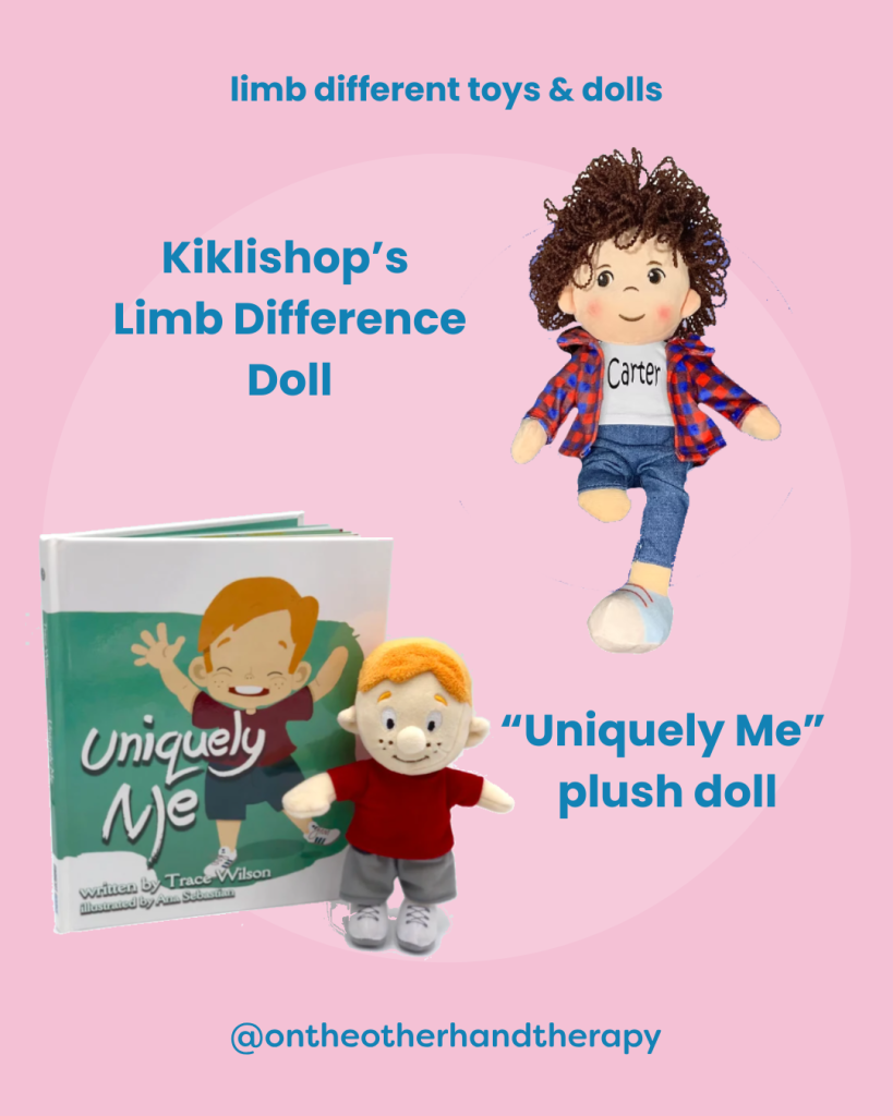 Pink background with two photos of dolls, one of Kikilishop’s Limb Difference Doll with a partial leg and the other of the Uniquely Me plush doll with a partial arm and @ontheotherhandtherapy