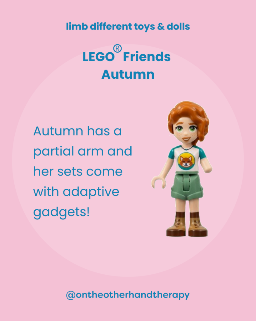 Pink background with a lighter blue circle and pink and white text that says, “LEGO® Friends Autumn | Autumn has a partial arm and her sets come with adaptive gadgets!” along with a photo of Autumn and @ontheotherhandtherapy