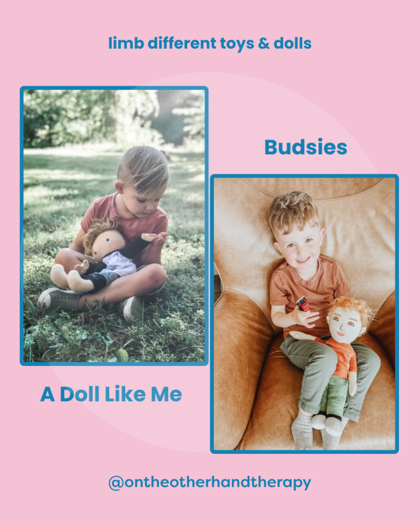 Pink background with two photos, one of a child sitting with a “A Doll Like Me” whose hand matches the child’s and a child holding a Budsies doll that looks like him and has the same hand difference and @ontheotherhandtherapy