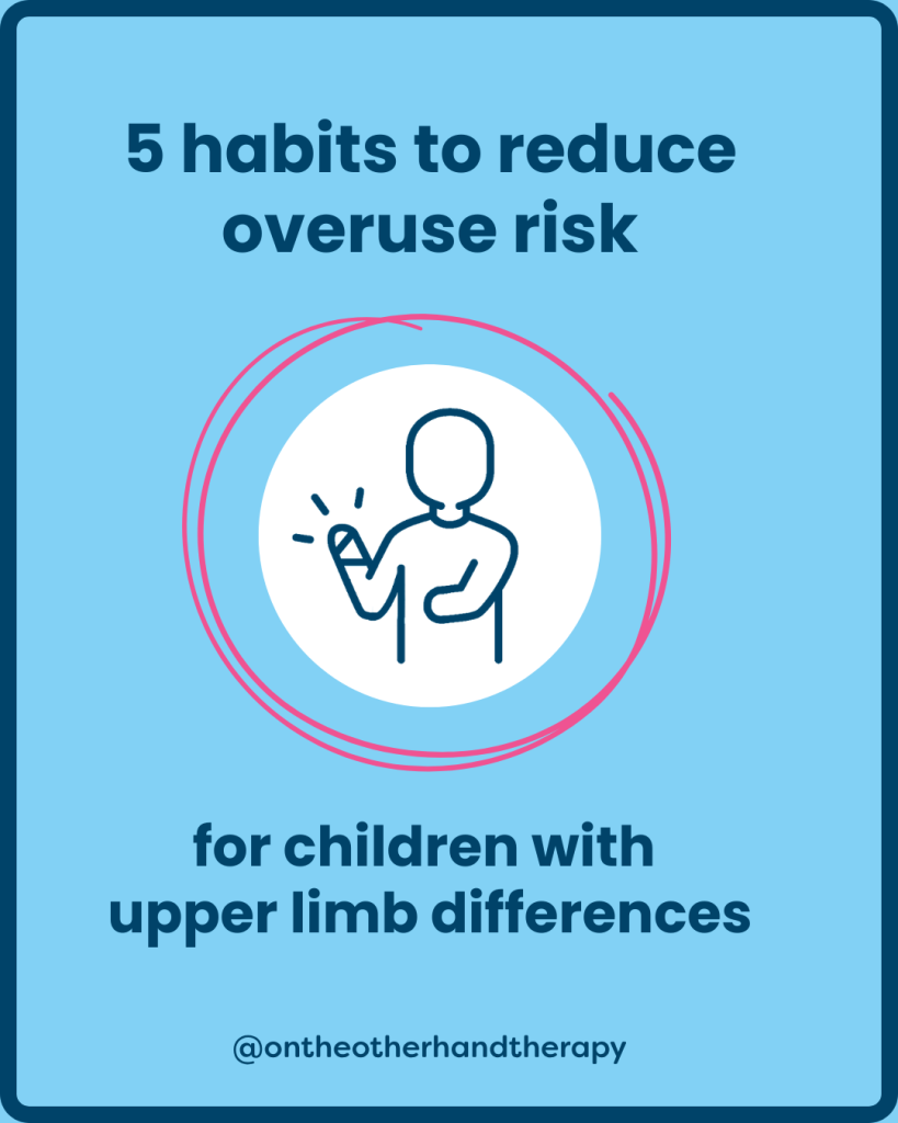 Light blue backgroud with dark blue text that says "5 habits to reduce overuse risk for children with upper limb differences" with an icon of a person with a limb difference whose unaffected side is hurting