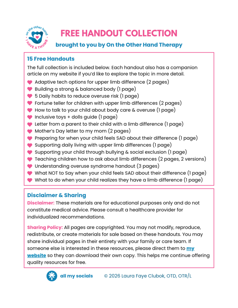 This page is called Free Handout Collection, brought to you by On The Other Hand Therapy. It lists the 15 handouts that are in the collection and includes a Disclaimer & Sharing policy.