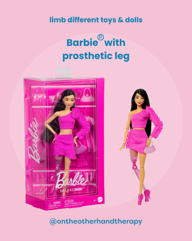 Pink background with a lighter pink circle and blue and white text that says,“Barbie with prosthetic leg” and two photos of the Barbie®, one in the box and the other @ontheotherhandtherapy