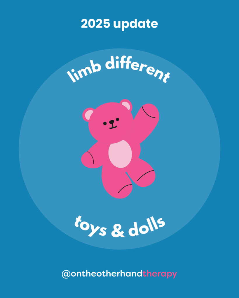 Blue background with a lighter blue circle and white text that says, “2025 update | limb different toys & dolls” and a pink teddy bear with a limb different arm and @ontheotherhandtherapy