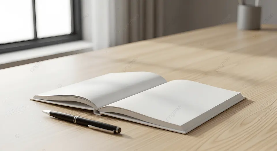 A pen lies next to a notebook lying open on a desk